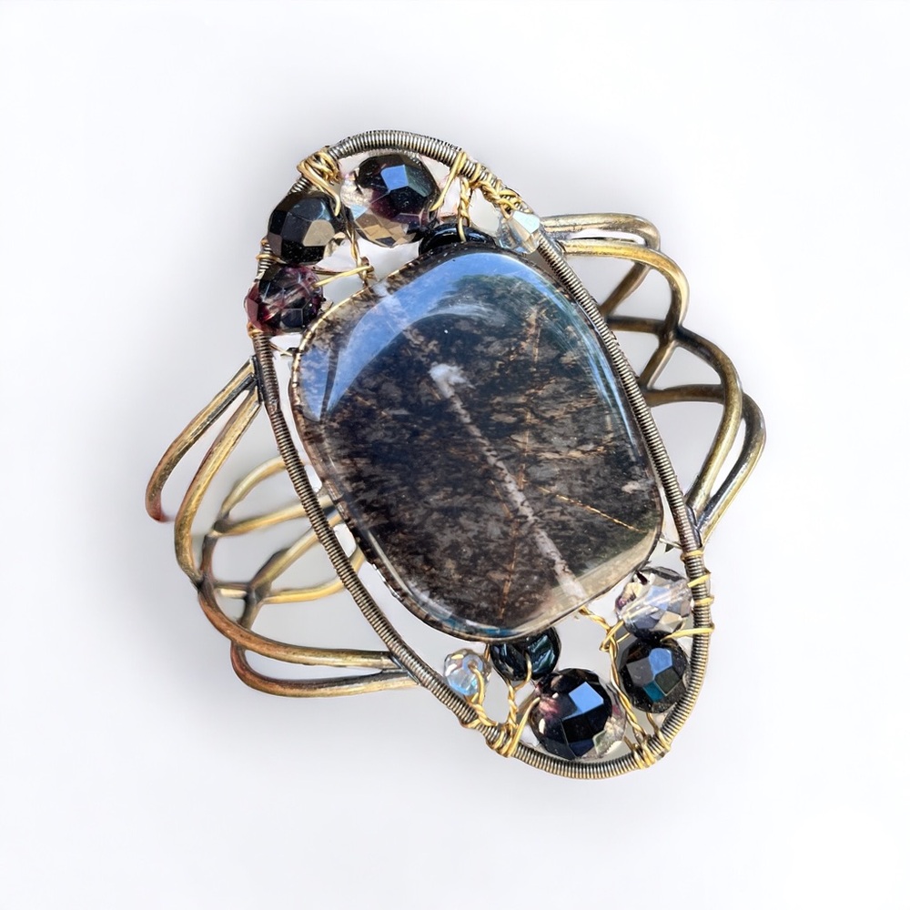 Artisanal Boutique Abstract Art Deco Wire Brown Beaded Adjustable Cuff Bracelet